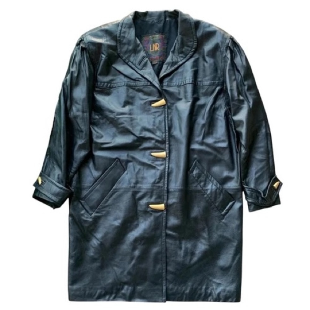 LNR Genuine Leather Buttoned Trench Coat Jacket Black Gold Metallic Size M